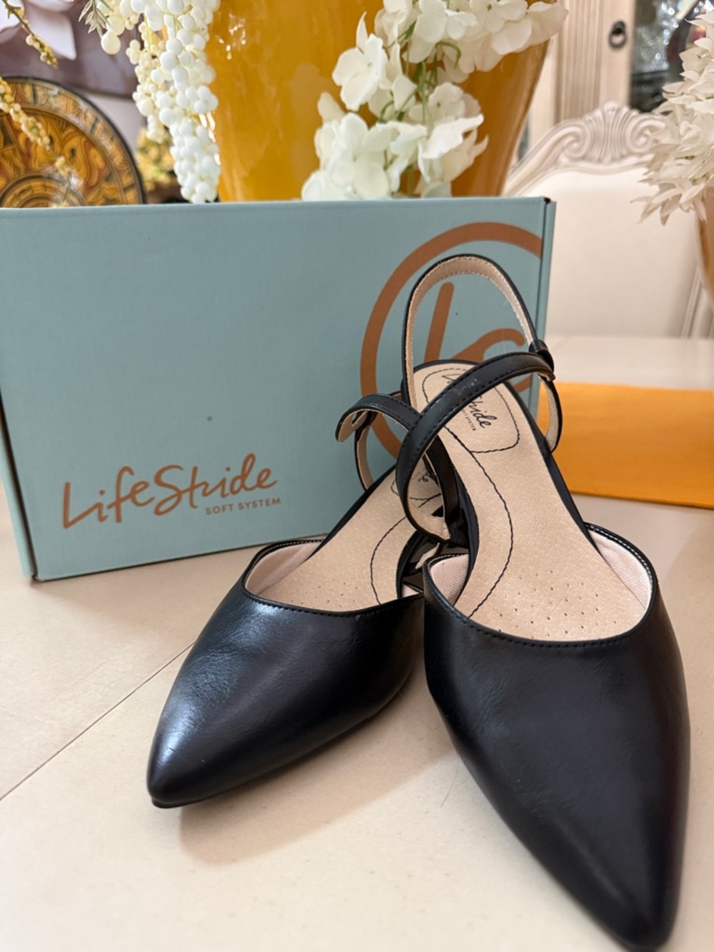 Life Stride Black Pointed Slingback Flats with Cushioned Insole